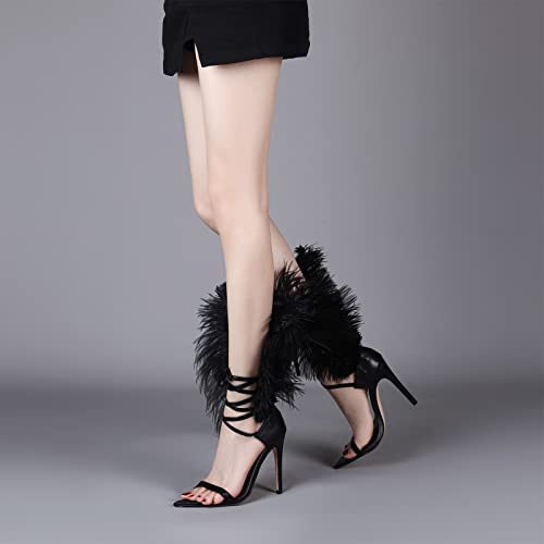 Kitulandy Women's Sandals Feather Pointed Toe Stiletto High Heels Shoes