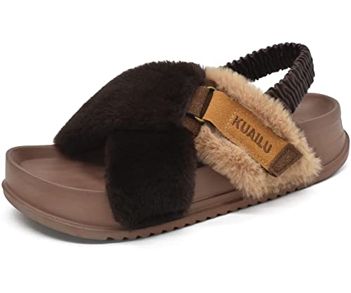 KuaiLu Womens Fuzzy Cross Band Platform Slippers with Back Strap for Summer, Fluffy Furry Ladies Open Toe Slingback Slide Slippers, Cozy Plush Fleece Comfy House Shoes Sandals Brown 9