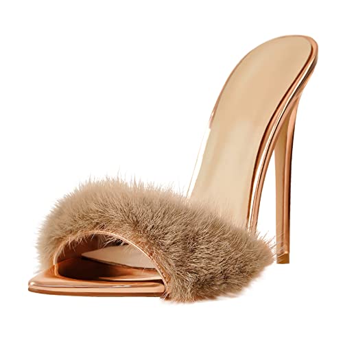 sexytag Fluffy Faux Fur Pointed Toe Mules Feather Heel for Women Sexy Stiletto High Heels Slip on Slide Sandals Slippers Gold Size 6