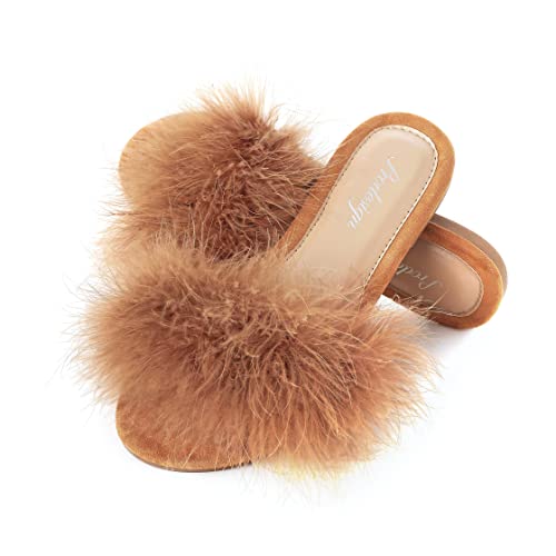 PRODESIGN Women Fur Slippers Fluffy Slides Open Toe Fuzzy Flat Sandal Home Outdoor Slippers (Caramel, us_footwear_size_system, adult, women, numeric, medium, numeric_9)