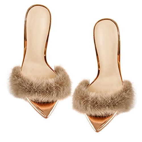 sexytag Fluffy Faux Fur Pointed Toe Mules Feather Heel for Women Sexy Stiletto High Heels Slip on Slide Sandals Slippers Gold Size 6