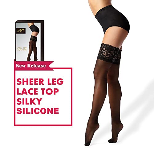 G&Y Thigh High Stockings with Silicone - 15D Sheer Lace Top Nylon Stay Up Pantyhose for Women