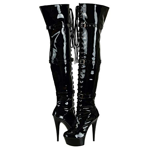 SheSole Women's Over The Knee Thigh High Heel Boots Platform Zip Buckle Lace Up Black US Size 9.5