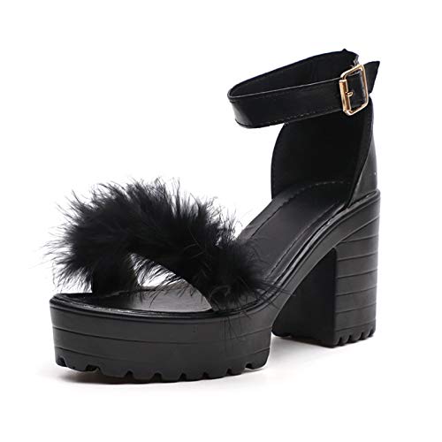 Aniywn Womens Platform Faux Fur Sandals Chunky Heel Open Toe Ankle Strap High Heeled Party Dress Pumps Shoes Black