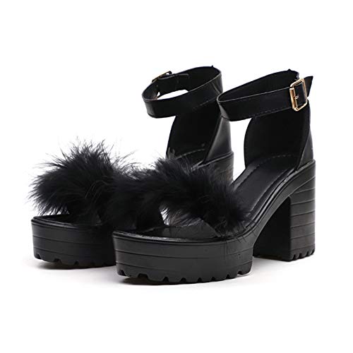 Aniywn Womens Platform Faux Fur Sandals Chunky Heel Open Toe Ankle Strap High Heeled Party Dress Pumps Shoes Black
