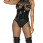 FEOYA Black Catsuit Leather Bodysuit Clubwear for Women One Piece Fishnet Teddy Wet Look Patent Crotch Zipper Leotard