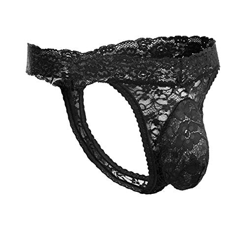 Men's Lace Frilly Sissy Thong Panties Sheer Mesh Bikini Briefs T-back G-string Underwear Black Large