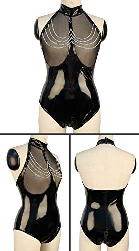 FEOYA Black Catsuit Leather Bodysuit Clubwear for Women One Piece Fishnet Teddy Wet Look Patent Crotch Zipper Leotard