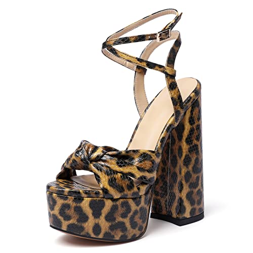 YODEKS Chunky Platform Sandals for Women Ankle Strap Open Toe Bowknot Heeled Wedding Sandals for Bridal Leopard US 15